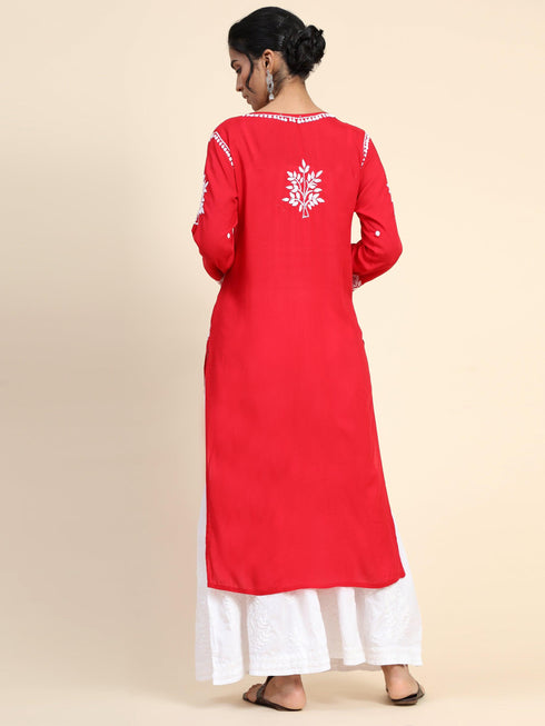 Samma Premium Hand Embroidery Chikankari Kurta in Modal Cotton- Red